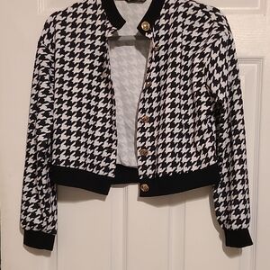 SHEIN Black and White Houndstooth Bomber Jacket